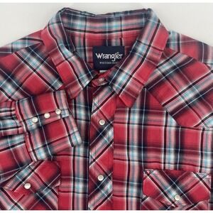 Vintage Wrangler Pearl Snap Long Sleeve Size 2X Red Black Plaid Men's Shirt